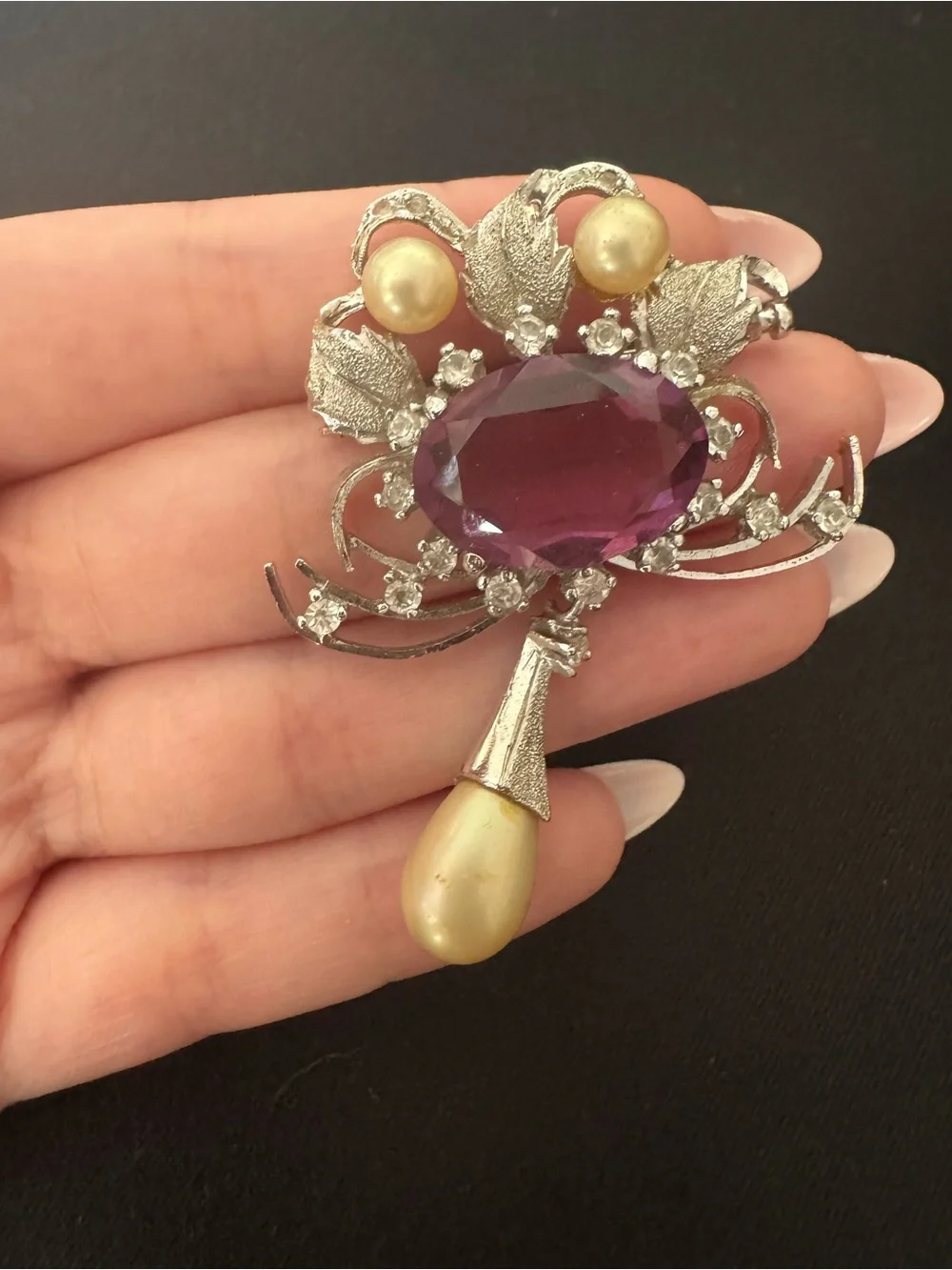 Vintage Brooch Purple Crystal And Pearl Drop Silver-Tone Brooch Costume Jewelry